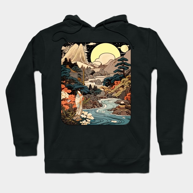 Japanese Zen Landscape Nature Scene Woodblock Painting Style Hoodie by entwithanaxe